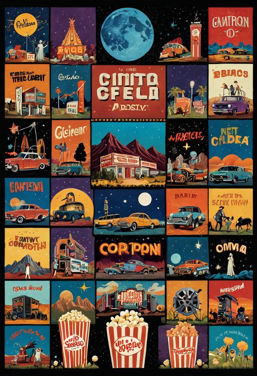 An artistic collage of iconic cult films, featuring a vintage cinema marquee lighting up the night sky. Include eclectic characters from various offbeat films, surrounded by vibrant film reels and popcorn. The background should depict a quirky, psychedelic landscape with bold colors and surreal elements representing diverse film genres. super-realistic. vibrant colors. 3D.