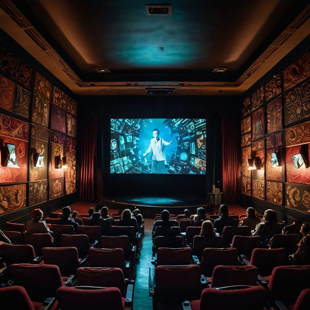 A surreal movie theater scene with twisted, wavy screens displaying bizarre and abstract film clips, surrounded by an eclectic audience of diverse characters in eccentric outfits. The walls of the theater are adorned with strange artwork, and the lighting is dim yet colorful, creating an otherworldly atmosphere. In the foreground, a vintage film projector casts unusual shadows. whimsical art style. vibrant colors. dimly lit ambiance.