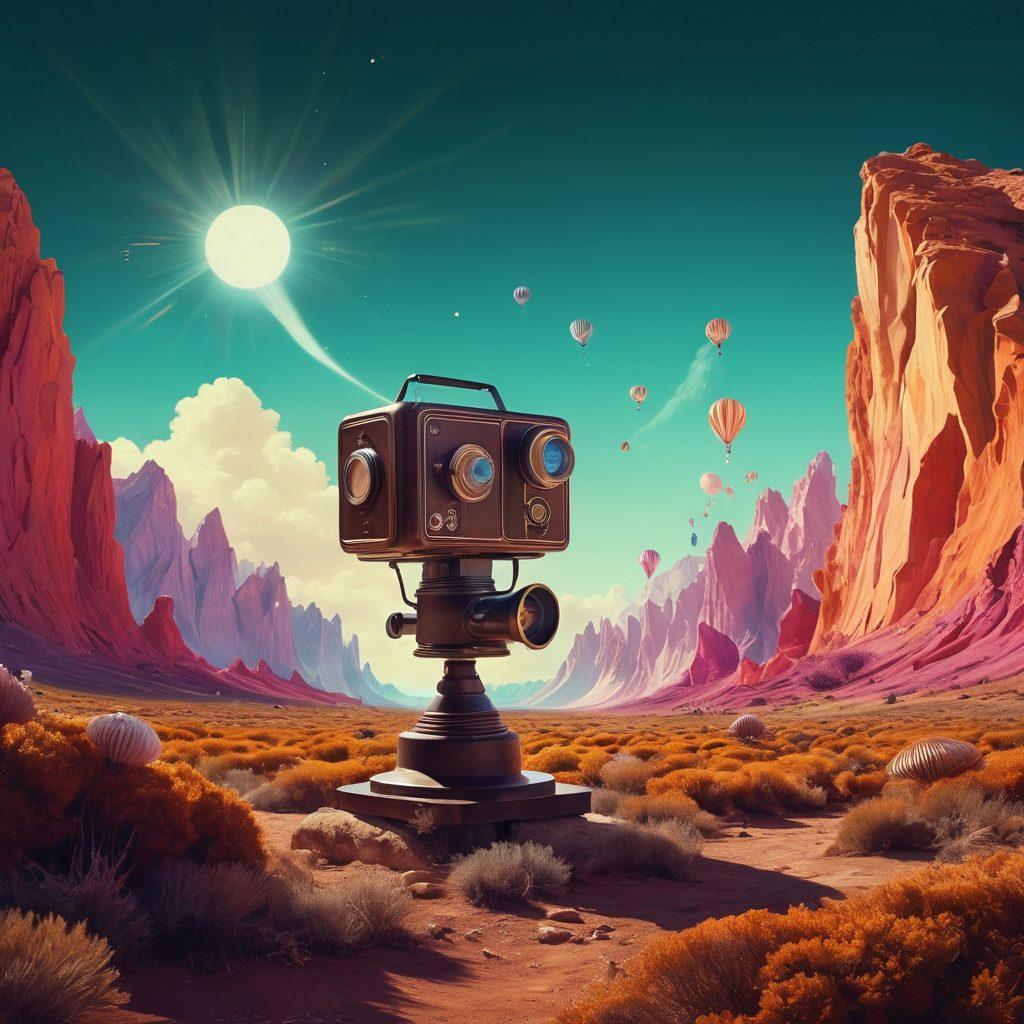 A surreal landscape featuring a vintage film projector casting light onto an abstract scene filled with bizarre characters from alternative films. Include elements like distorted shapes, whimsical colors, and dreamlike textures to convey a sense of otherworldliness. The atmosphere should feel intriguing and slightly uncanny, inviting the viewer into an exploration of unconventional cinema. Include film reels spiraling in the air as if they are wisps of imagination. vibrant colors. surrealism.